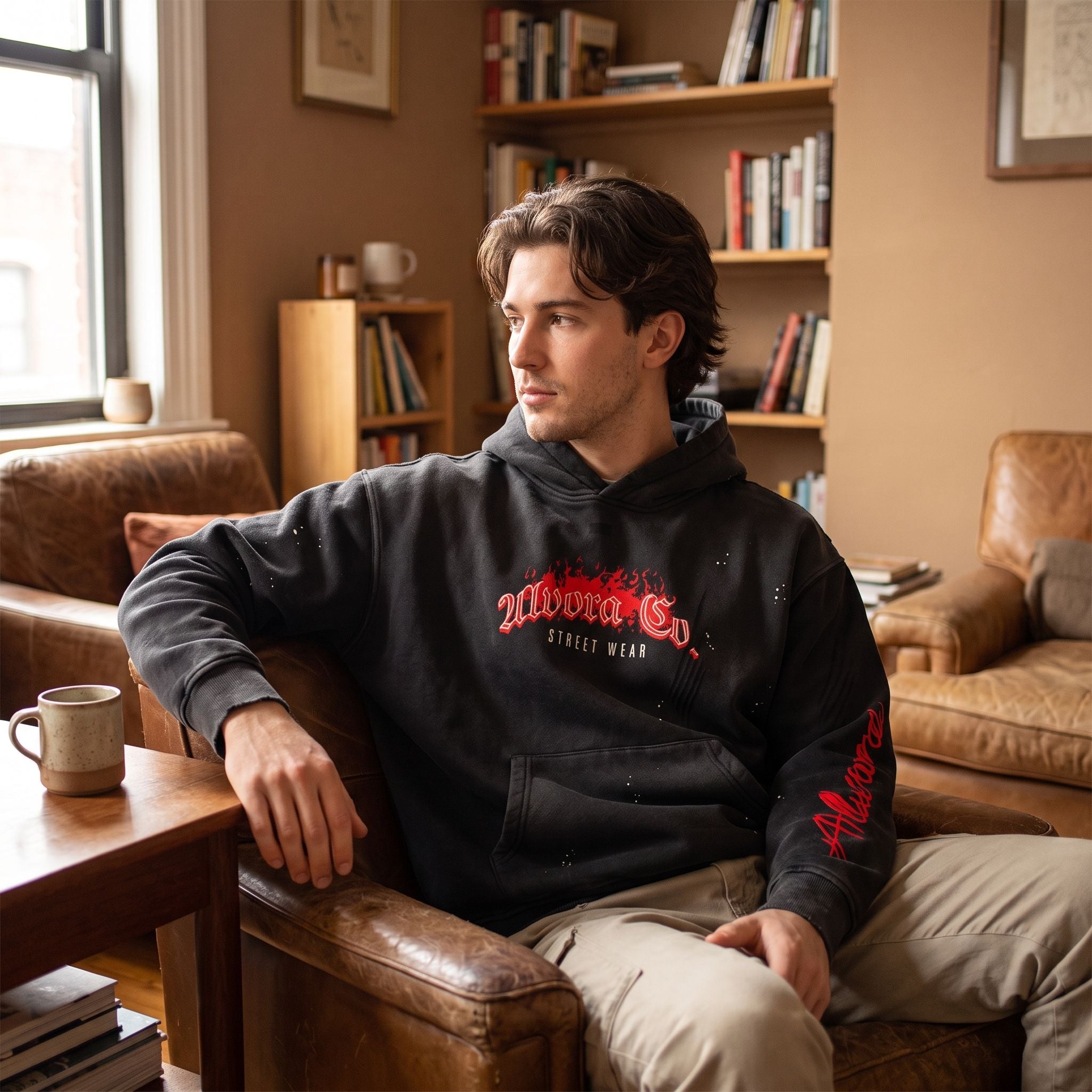 Model seated indoors wearing the vintage fleece hoodie, showcasing its fit, fabric, and artisanal details in warm natural light.